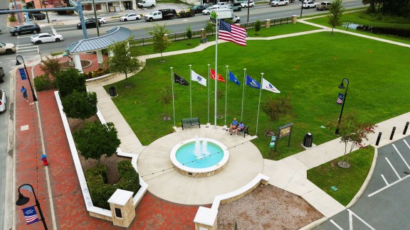 aerial of park with flags